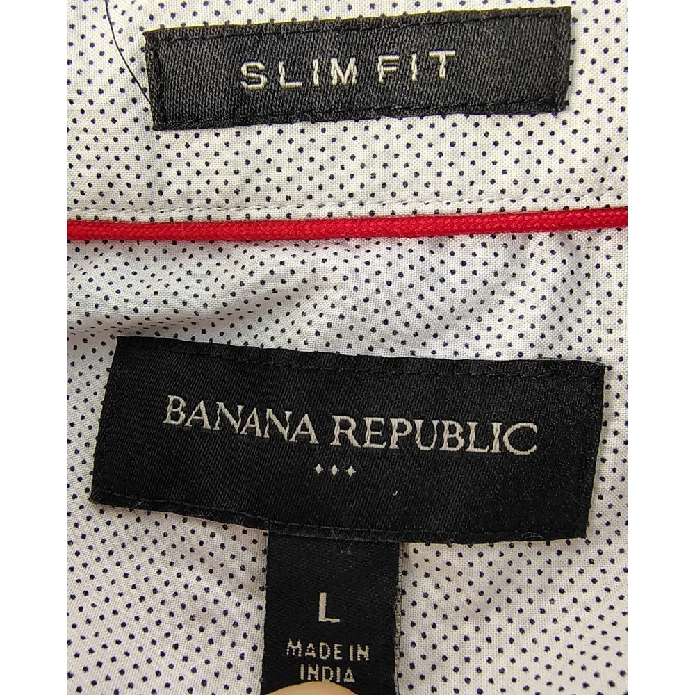 Banana Republic Mens Slim Fit Short Sleeve Button Down Shirt White Blue Dot L